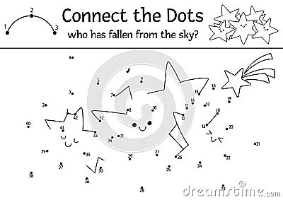 Vector dot-to-dot and color activity with smiling falling stars. Fairytale connect the dots game for children with cute fantasy Vector Illustration