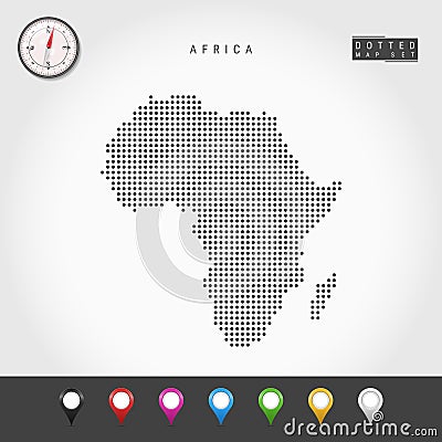 Vector Dots Map of Africa. Simple Silhouette of Africa. Realistic Vector Compass. Multicolored Map Pins Vector Illustration