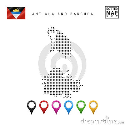 Vector Dotted Map of Antigua and Barbuda. Simple Silhouette of Antigua and Barbuda. National Flag. Map Markers Set Vector Illustration