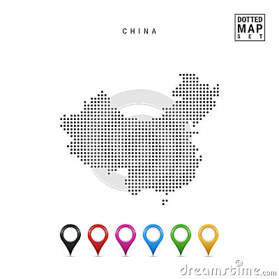 Vector Dotted Map of China. Simple Silhouette of China. Set of Multicolored Map Markers Vector Illustration
