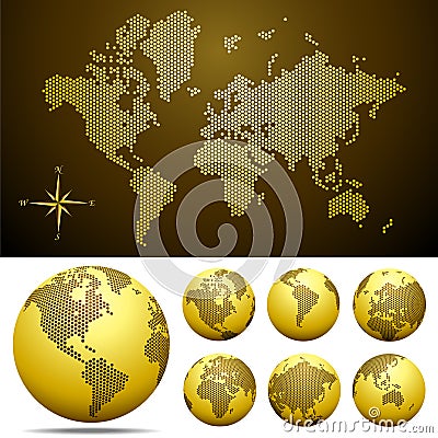 Vector dotted Map and Globe of the World - Gold Vector Illustration