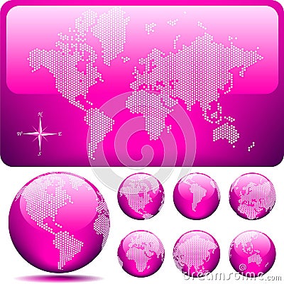 Vector dotted Map and Globe of the World - PINK Vector Illustration