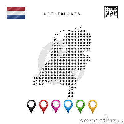 Vector Dotted Map of Netherlands. Simple Silhouette of Netherlands. Flag of Netherlands. Set of Multicolored Map Markers Vector Illustration