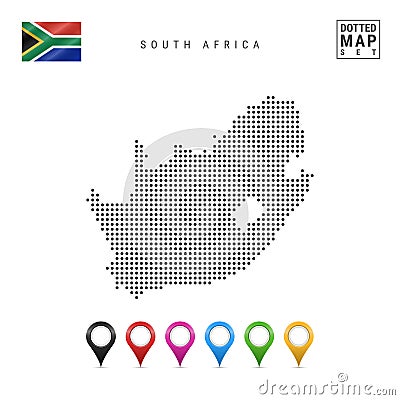 Vector Dotted Map of South Africa. Simple Silhouette of South Africa. National Flag of South Africa. Set of Map Markers Vector Illustration