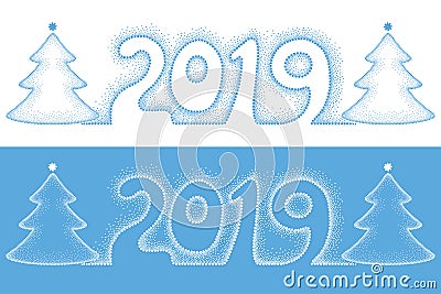 Vector dotted number 2019 and holiday Christmas tree in blue and white isolated. Template with winter elements for New Year. Vector Illustration