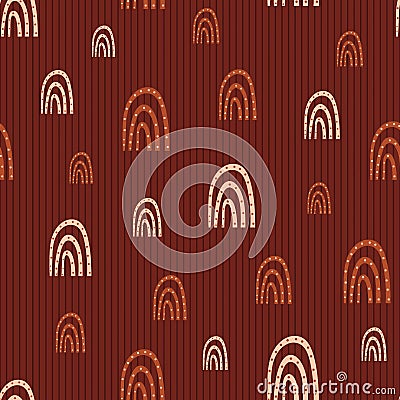 Vector dotted rainbow childish seamless pattern background. Rich earthy brown backdrop with hand drawn rainbows and dots Vector Illustration