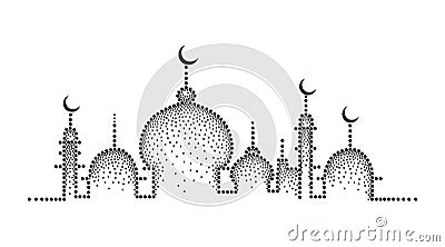 Vector dotted silhouette of mosque in black isolated on white background. Horizontal composition with mosque in dotwork style. Vector Illustration