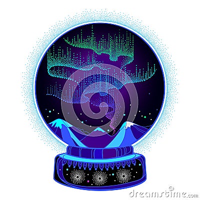 Vector dotted swirls of color northern or polar light in the snow globe. Round composition with Aurora borealis lights in dotwork. Vector Illustration
