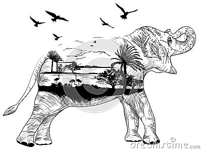 Vector Double exposure, African elephant for your design Stock Photo