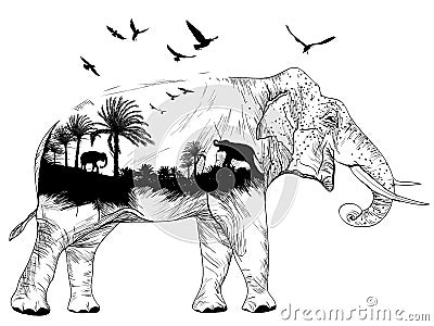 Vector Double exposure, elephant and jungles, wildlife concept Stock Photo