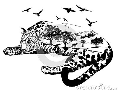 Vector Double exposure, Hand drawn jaguar Stock Photo