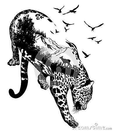 Vector Double exposure, Hand drawn leopard Stock Photo