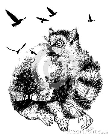 Vector Double exposure, Hand drawn Ring-tailed lemur Stock Photo