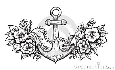 Vector Draw, Anchor with Flower, Lineart Vector Illustration