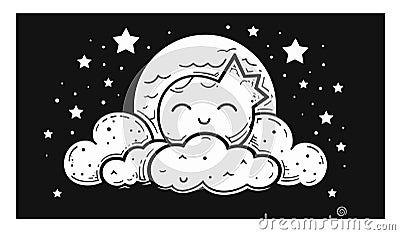 Vector Draw, Cute moon with stars around , Lineart Illustration Vector Illustration