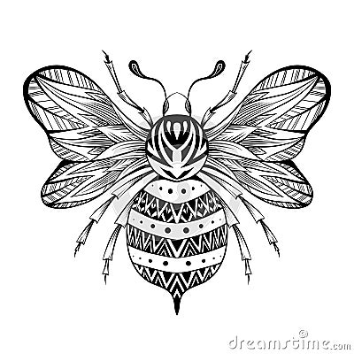 Vector drawing of a bee tattoo. Monochrome drawing of honeybee with tracery ornament. Insect with wings with boho ornament Vector Illustration