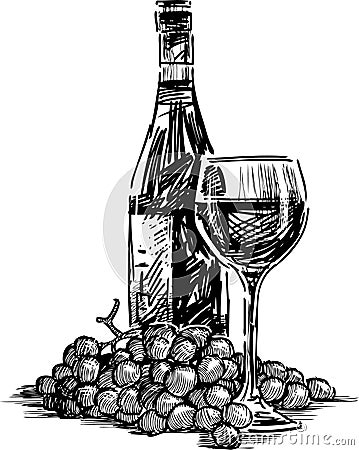 Bottle, glass and grape Vector Illustration