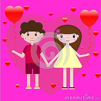 Vector drawing of a boy and girl with heart-shaped balloons on a romantic pink-purple background Vector Illustration