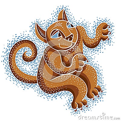 Vector drawing of cat playing, cute animal illustration. Cool kitty isolated, funny toy. Vector Illustration