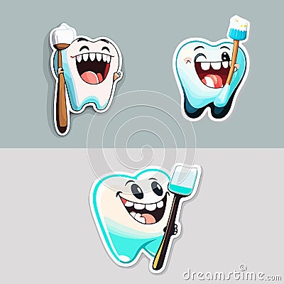 Vector drawing. Cheerful teeth with brushes for cleaning teeth for your design Vector Illustration