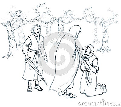 Vector drawing. Christ heals Malchus Stock Photo