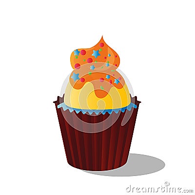 Vector drawing colorful cupcake of a decorated with decor, cream and chocolate, on white background Vector Illustration