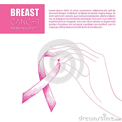 Vector drawing with contour woman hand and sketch pink ribbon isolated on white background. Breast Cancer Awareness Month symbol. Vector Illustration