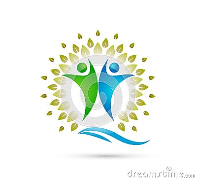 Creative Team People Family tree with water wave, happy people together concept logo. Stock Photo