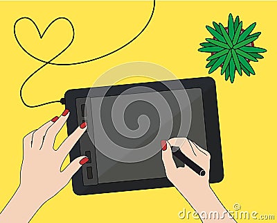 Vector drawing of desktop with tablet for graphic drawing, human hands and green plant. Hands of man working on graphics tablet Vector Illustration