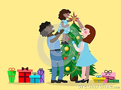 Vector drawing of a family decorating a Christmas tree Vector Illustration