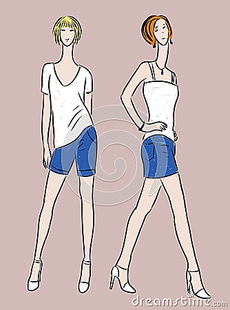 Vector drawing of fashionable slim women in denim skirt and sorts Vector Illustration