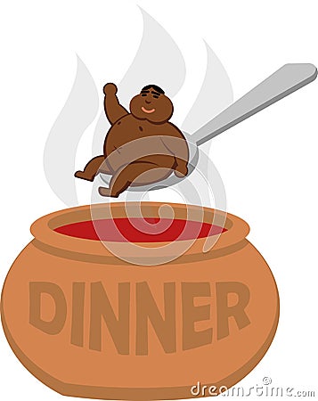 Vector drawing of a fat African-American on a spoon above a cauldron Vector Illustration