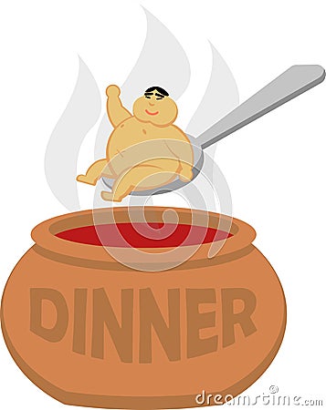 Vector drawing of a fat asian on a spoon over a cauldron Vector Illustration