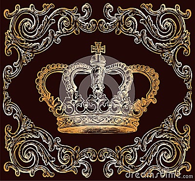 Vector drawing of golden ancient royal crown in ornate frame Vector Illustration