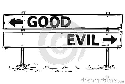 Road Block Arrow Sign Drawing of Good or Evil Decision Vector Illustration