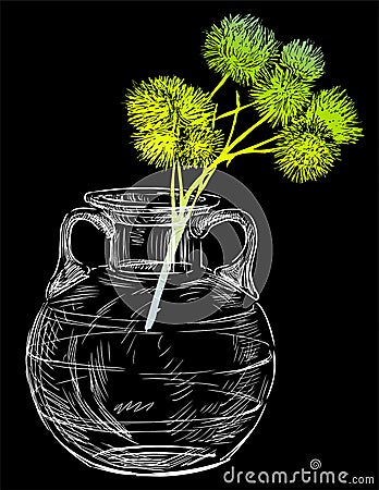 Vector drawing of green wild plant in glass vase Vector Illustration