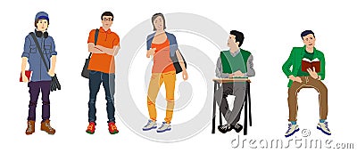 Vector drawing of a group of students, several students standing and sitting. Vector Illustration