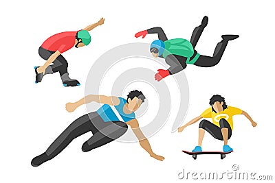 Vector drawing jumping extremesilhouettes illustration life skateboard set speed skydiver skateboarder roller skate Vector Illustration