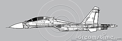 Sukhoi Su-27 Flanker. Vector drawing of modern multirole fighter. Image for illustration and infographics Vector Illustration