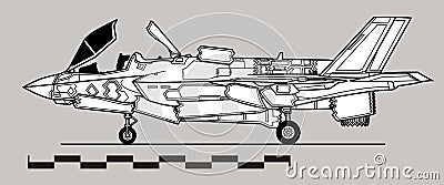 Lockheed Martin F-35B Lightning II. Vector drawing of modern VSTOL fighter. Vector Illustration