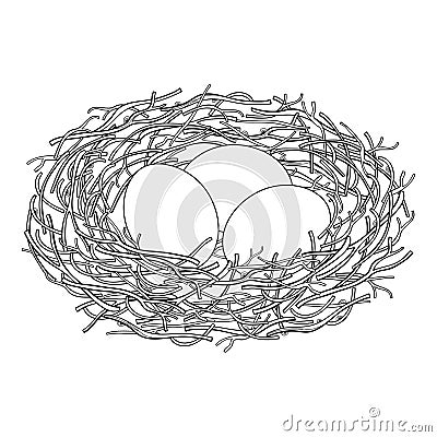 Vector drawing of outline bird nest from branch with three eggs in black isolated on white background. Bird house, family symbol. Vector Illustration