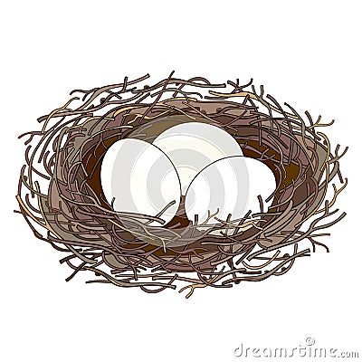 Vector drawing of outline bird nest from twigs with three white eggs isolated on white background. Bird house and family symbol. Vector Illustration