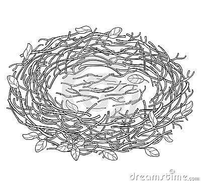Vector drawing of outline empty bird nest from branch in black isolated on white background. Bird house and family symbol. Vector Illustration