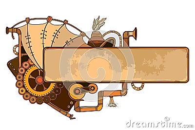 Vector drawing of outline steampunk horizontal frame with mechanical gears and pipes in beige and brown isolated on white. Vector Illustration