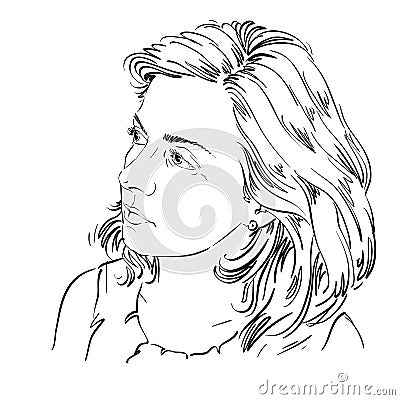 Vector drawing of peaceful woman with stylish haircut. Black and Vector Illustration