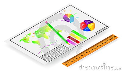 Vector drawing, pencil with a ruler and financial graphs Vector Illustration