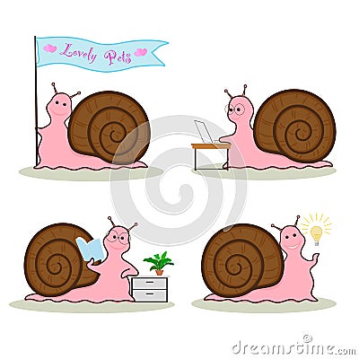 Vector drawing of pink and brown color Snail cartoon drawn, collection of 4 smiling snails characters, holding a flag, working on Vector Illustration