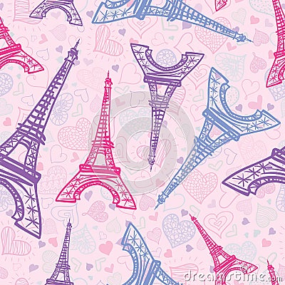 Vector Drawing Pink Eifel Tower Paris Seamless Repeat Pattern Surrounded By St Valentines Day Hearts Of Love. Perfect Vector Illustration