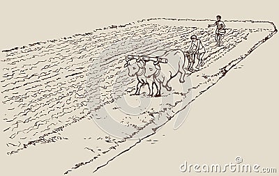 Vector drawing. Primitive agriculture. Peasants tr Vector Illustration