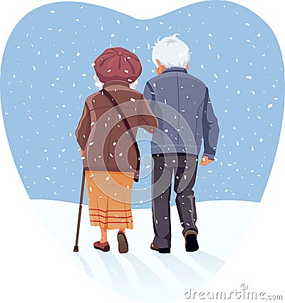 Senior Couple Walking Through Snow in Winter Vector Illustration